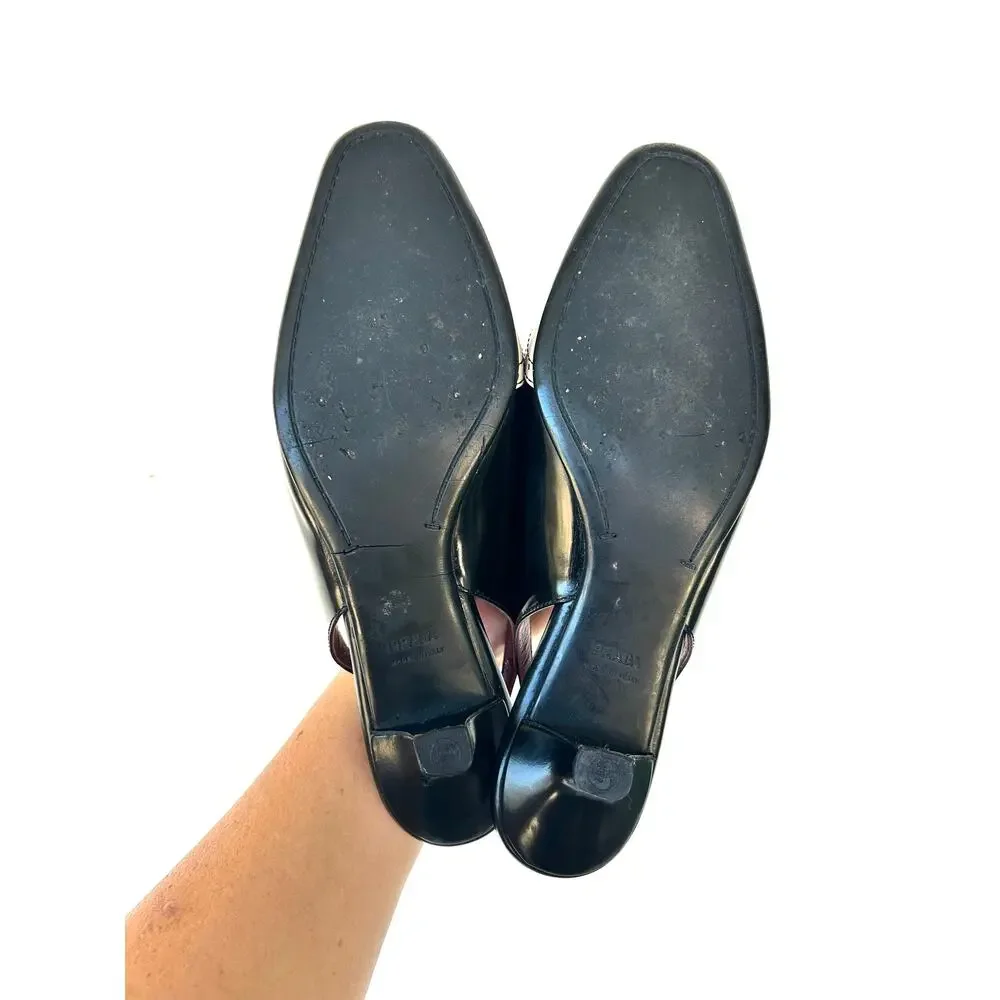Vintage Prada Kitten Heels Slingbacks Low Sandals Tan Black 37 7 Bow Preppy